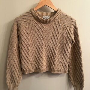 Poof! Tan Crew Neck Cropped Sweater with Chevron Knit Pattern